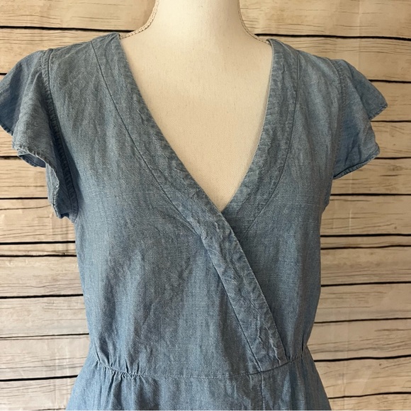 J. Crew Chambray Flutter Sleeve Faux Wrap Peplum Top - Picture 9 of 10